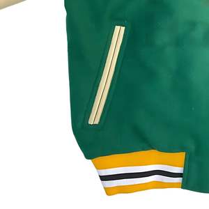 Custom Green Wool Letterman Bomber Jacket 300 GSM Stripe Collar Long <b>Sleeves</b> Two-tone Design Varsity Jacket For Men - Product Image 3