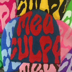 Custom Manufacturing With Logo All Over Print Designer Acrylic Unisex Jaquards Graphic Y2K Style Jacquard Mea Culpa Beanie Hats - Product Image 2