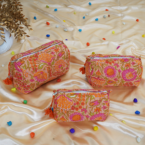 Trousse de Maquillage Textile Bohème Florale Grande et Moyenne avec Fermeture Éclair et Pompon, Pliable et Portable, Ensemble de Sacs Cosmétiques - Product Image 5
