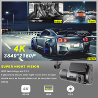 Caméra de tableau de bord 4K à 3 objectifs avec Wi-Fi et GPS, mini DVR de voiture 4K Sony, 3 caméras (avant, arrière et intérieur), 3 canaux 4K