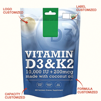 OEM Vitamine D3 Naturelle 10000 UI K2 MK7 200mcg Gélules à l'Huile de Coco Sans OGM Sans Gluten Sans Soja Soutien Immunitaire 200 Gélules