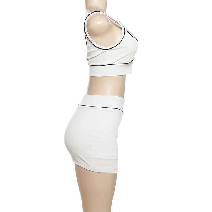 Summer Casual Sexy Two Piece Suit O Neck Short Vest Skirt