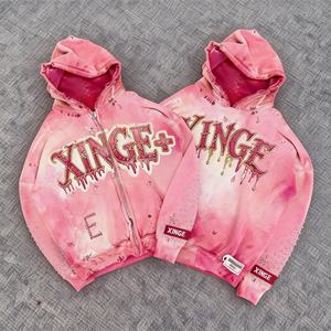 Sudadera con capucha unisex personalizada 2026, nueva, estilo vintage, tie-dye, desgastada, holgada, streetwear, de gran gramaje 500 g/m², corta, con cremallera y pedrería - Product Image 2