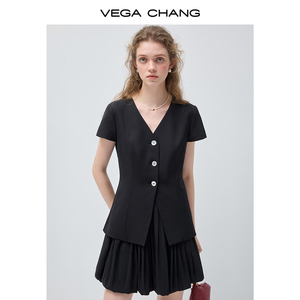 VEGA CHANG Abito da Donna Personalizzato Stile Completo Nero con Top Blusa Scollo a V e Gonna Plissettata per Ufficio e Occasioni Formali - Product Image 5