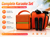 Enceinte Karaoké Portable avec 2 Micros Sans Fil, Audio Sans Fil, Sortie CA, Double Chargement USB et Stockage d'Énergie Intégré