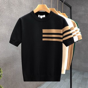 T-shirt tricoté à manches courtes pour homme, style décontracté d'été, rayé, coupe ajustée simple, idéal pour le dropshipping - Product Image 3