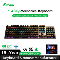 Clavier de jeu mécanique OEM ODM 104 touches USB filaire avec interrupteurs LED bleus NKRO, clavier de jeu mécanique personnalisé pleine taille LED RGB