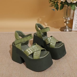 2025 Summer Women's High Top Open Toe Pure Cowhide <b>Sandals</b> Hard-Wearing Anti-Slip Elevated Thick-Soled Roman Heeled <b>Sandals</b> - Product Image 3