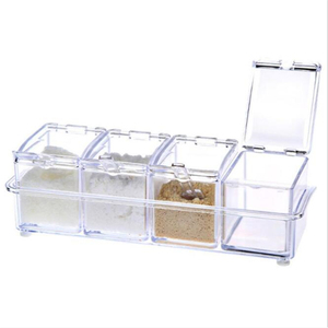 Kitchen 4 Pcs/<b>Set</b> Seasoning Box <b>Set</b> With Spoon <b>and</b> Lid Transparent Plastic Four Grid <b>Spice</b> Pepper Shaker Storage Jar - Product Image 1