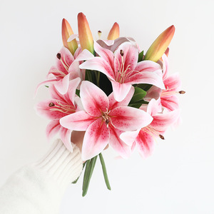Ruiyu <b>Artificial</b> Lily <b>Bouquet</b> 3-Headed White Pink Silk Flower High Simulation Home Decor Wedding Props - Product Image 2