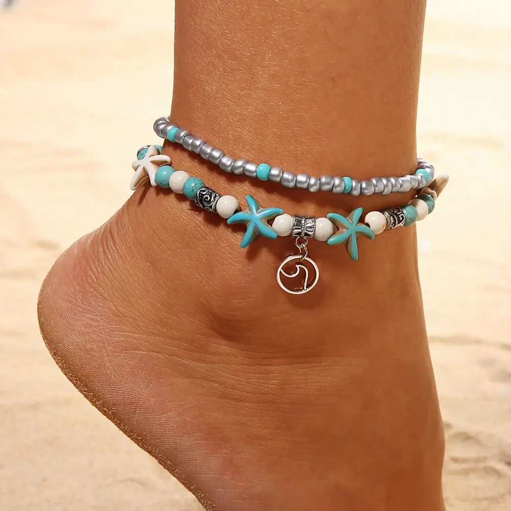 summer beach anklets starfish wave sea turtle shell tree of life charm ankle foot jewelry for women lady pearl beaded anklet