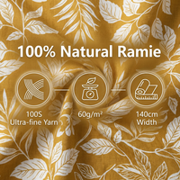 Tissu Imprimé en Ramie 100% Premium 100S, 60 g/m², Ultra Fin et Respirant, Idéal pour Robe d'Été, Motif Feuille de Moutarde, Largeur 55/56 pouces