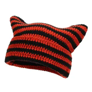 2024 New Little Devil Handmade Crocheted Wool Hat Striped Hat Cute Cat Ears Warm Beanie