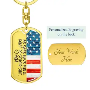 2024 Stainless Steel Keychain Custom Logo Engraved American Flag Military Tag Key Ring Pendant