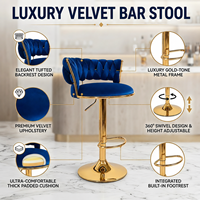 Tabouret de bar DM Factory Direct en velours bleu avec barre dorée, hauteur réglable, pivotant, siège rembourré pour projets hôteliers en gros