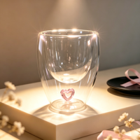 Tasse à thé en verre à double paroi, joli design cœur rose à l'intérieur, verre à double paroi résistant à la chaleur, vaisselle pour la maison et les cadeaux