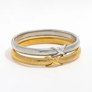 High End pvd Gold Plated Waterproof Tarnish Free Spring Band Snake Chain Stainless Steel Elastic Bracelet