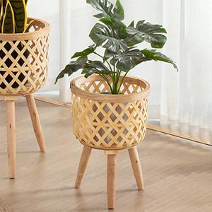 Support de plantes en rotin naturel tressé du Vietnam avec pieds en bois, panier de rangement en bambou, présentoir pour plantes, décoration bohème intérieure/extérieure – Fabricant - Product Image 2