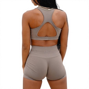 Womens 2 Piece Workout Set High Waist Biker Shorts Crop Top <b>Racerback</b> Sport <b>Bra</b> Solid Color Spandex Yoga Gym Exercise Activewear - Product Image 1