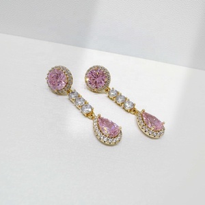 Boucles d'oreilles longues élégantes en argent 925 plaqué or rose, serties de zircon rose, style coréen, pour mariée, bijoux fins. - Product Image 1