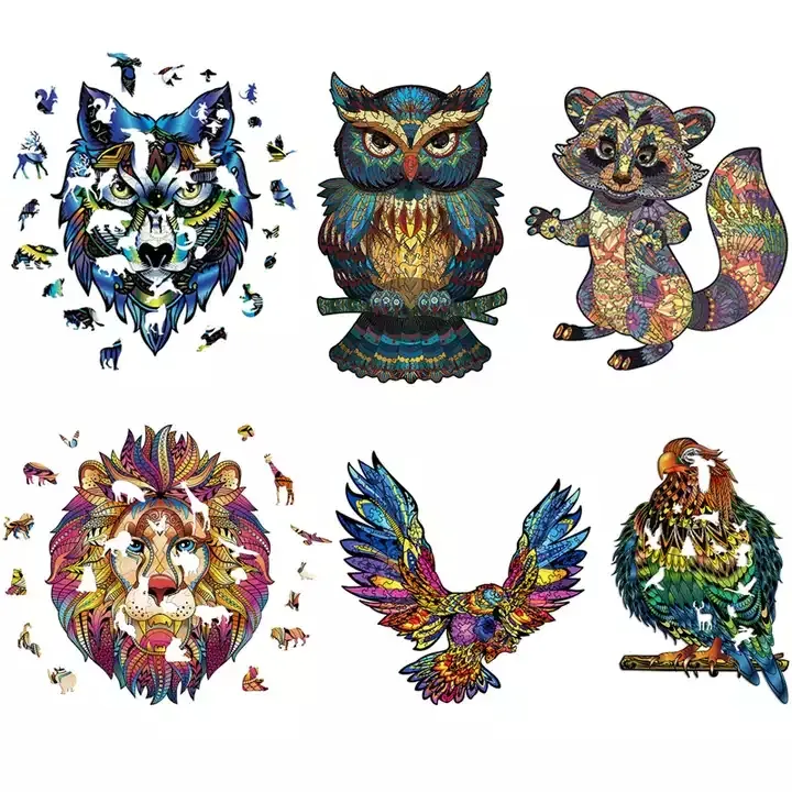 2022 Hot Selling Creative S Size/A5 Wooden Jigsaw Puzzles Colorful Beautiful Animal 3D Wooden Jigsaw Puzzle