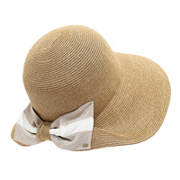 Chapeau de soleil en raphia à large bord, style français, color-block, avec nœud, pour femme, été, extérieur, respirant, vacances en bord de mer, couvrant le visage, en soie
