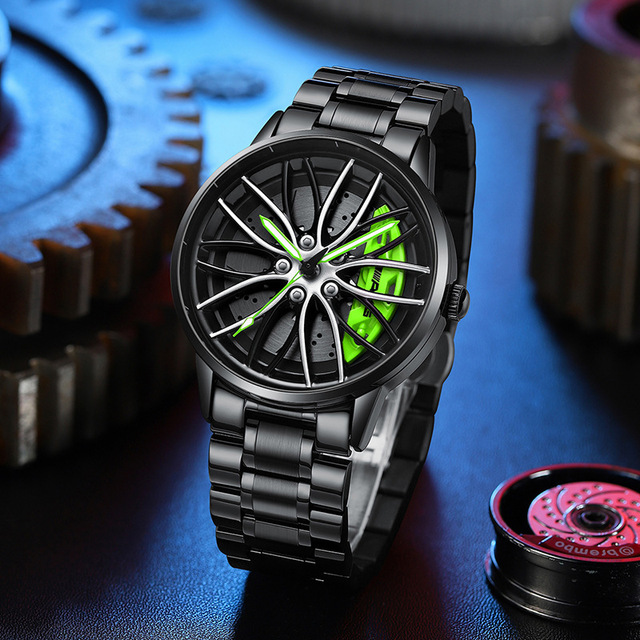 2024 Best-Selling Luxury Men's Quartz Watch Fashionable Wheel Hub Design 360° Rotating Glass Dial Window Leather Band Pointer