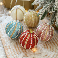 Set Ornamen Bola Natal 8cm Berhias Mutiara Berkilau, Anti Pecah, Motif Spiral Bergaris, Dekorasi Pohon Natal, Hiasan Gantung untuk Pesta Liburan
