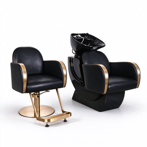 Ensemble de fauteuil de coiffure et de lavage moderne avec cadre doré, en cuir silicone, et bac en céramique noir - Product Image 3