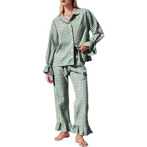 Womens Gingham Pajamas Set Cotton Plaid Long Sleeve Button Down Shirt Pants Ruffled Hem 2 Piece <b>Lounge</b> Wear - Product Image 1