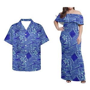 Custom Couple Sets Blue Couple Shirts Design for <strong>Lovers</strong> Polynesian Tribal Pattern Shirts for Men and Women Plus Size <strong>Dress</strong> 2pcs - Product Image 4