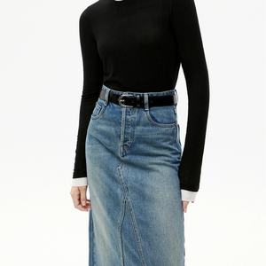 Jupe en jean personnalisée 100% coton, haute qualité, bleu vintage, denim délavé, taille haute, jupes maxi pour femmes - Product Image 4