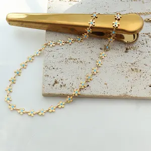 Bijoux tendance vintage 18k plaqué or acier inoxydable émail bleu fleur chaîne tour de cou collier et bracelet ensemble YF2678