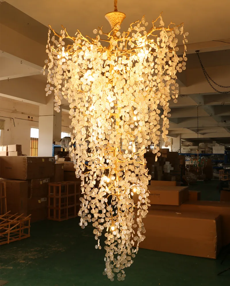 Modern luxury hotel lobby villa foyer ceiling gold crystal lamp decorative lighting brass stair large chandeliers pendant lamp