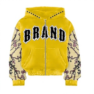 BRAND <b>Pink</b> Solid Zip-Up Hoodie Rhinestone Embellished Regular Fit Y2K Style Unisex Fleece <b>Sweatshirt</b> 100% Cotton Breathable - Product Image 3