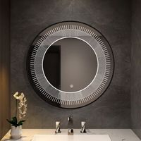 Miroir de salle de bain intelligent LED rond personnalisé, unique, mural, avec boutons tactiles intelligents et cadre en aluminium noir