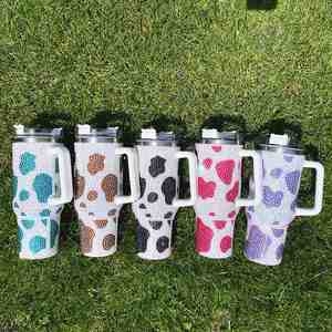 Vaso Térmico de 40oz con Diseño de Vaca y Diamantes de Imitación, con Asa, Aislamiento al Vacío, en Negro, Marrón, Morado, Azul, Rosa, Estampado de Guepardo/Leopardo - Product Image 4