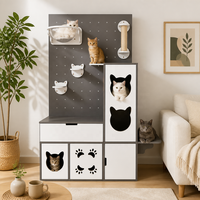 Meuble multi-gamelles 180 cm en acrylique avec bulle transparente, poteau en sisal, panneau perforé réglable, maisons pour chats et rangement en contreplaqué