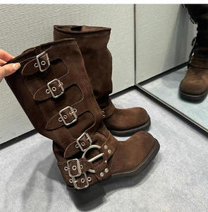 רטרו זמש עור מערב קאובוי נשים של מגפיים גס עבה הברך העקב עבה ברך גבוה מעצב האתחול גברים לנשים בקיץ - Product Image 4