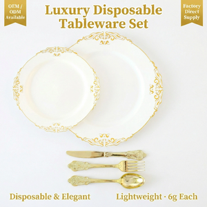 Ensemble de 350 assiettes jetables dorées, 50 de chaque : assiettes de 10 pouces, assiettes de 7 pouces, gobelets, serviettes, couverts, vaisselle en plastique de luxe - Product Image 1