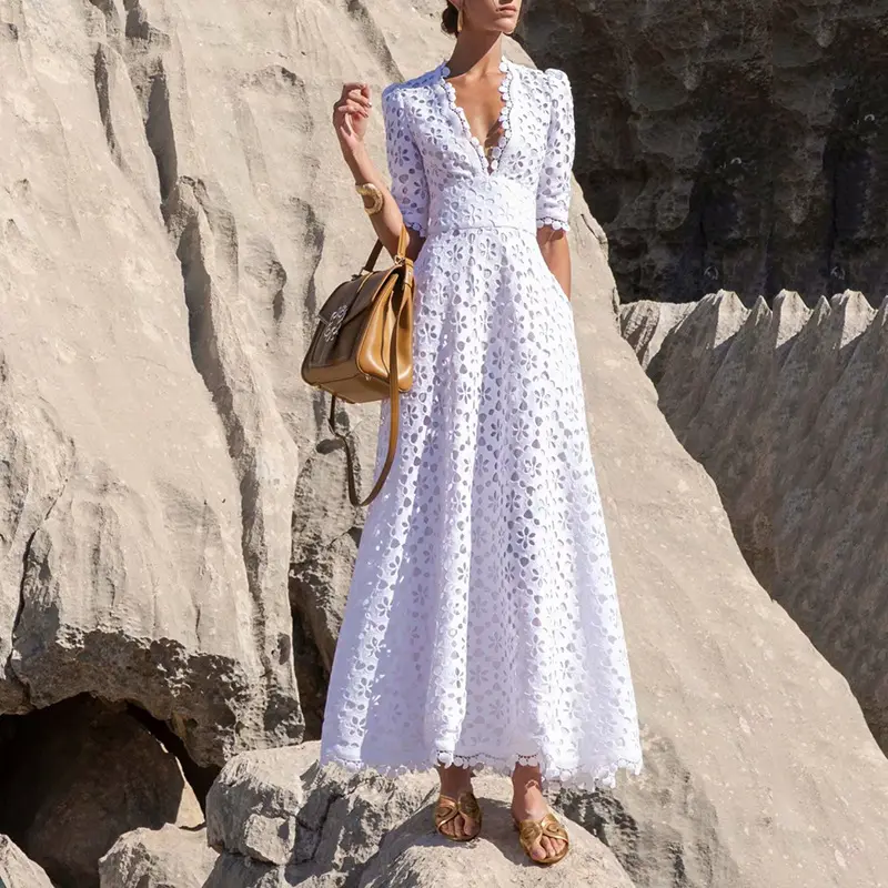 2023 Beach Custom Luxury Hollow Out Vestidos Para Mujer Women White Long Maxi Casual Crochet Linen Embroidered Dress