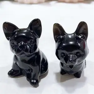 Hot sale natural high quality polished obsidian crystal animals carvings black crystal corgi pug dogs for home decoration