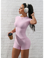 Amflex Set Yoga 2 Potong Wanita Terlaris, Kerah Bulat Polos, Bahan Bernapas Cepat Kering, Lengan Pendek, Pinggang Tinggi, Mengangkat Bokong, Nylon Spandex