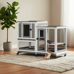 PawHut Jaula para conejos de 2 pisos para interiores, de madera gris, impermeable, para animales pequeños, con ruedas, diseño moderno - Product Image 2