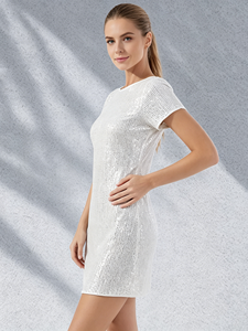 Robe courte à sequins blancs à manches courtes pour femmes grandes tailles, décontractée, pour soirée ou cocktail, SWEET BABE - Product Image 2