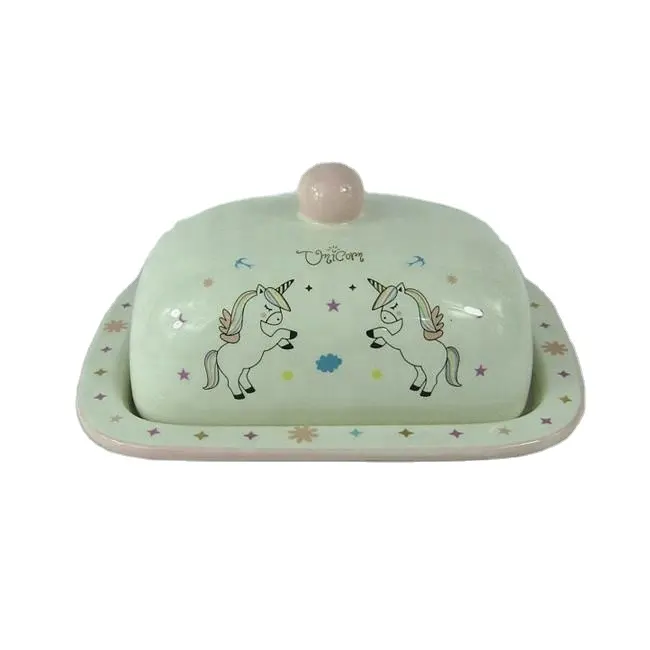 Decorative modern ceramic custom butter dish with unicorn design