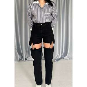 Ensemble deux pièces en jean noir avec fente et détails troués, manches longues, tenue tendance pour femme - Product Image 3