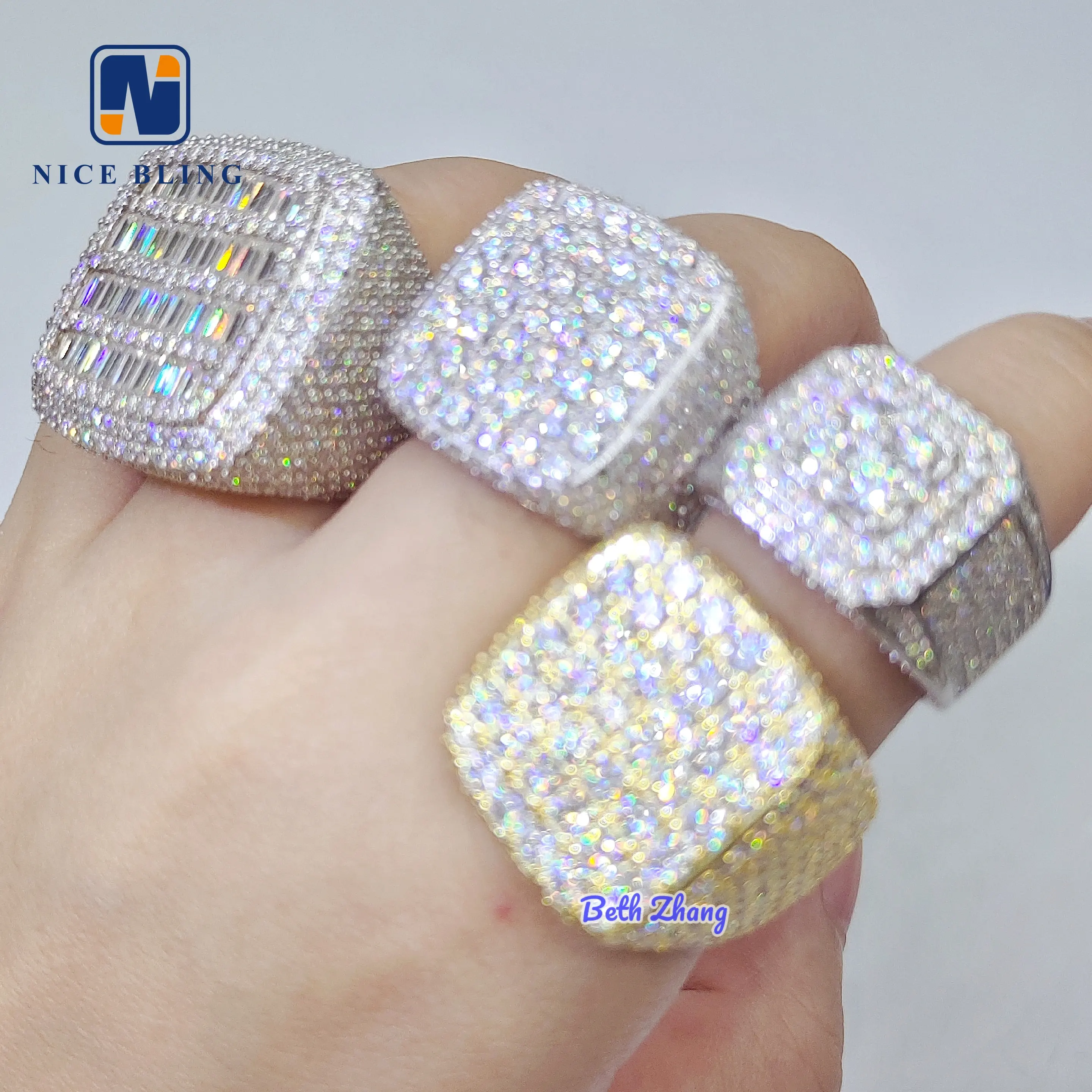New arrival hip hop rings vvs moissanite men iced out rings 925 silver square shape baguette diamond engagement fashion rings