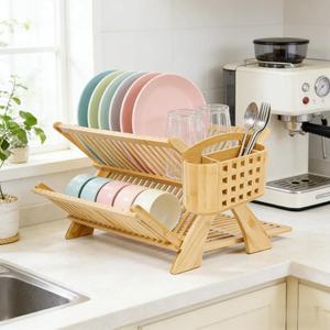 GL Grande Capacité X Forme Logo Personnalisé Détachable Lumière Simple Cuisine <span class=keywords><strong>Bambou</strong></span> Cuisine Plat Tasse Séchoir Avec Porte-Ustensiles - Product Image 2