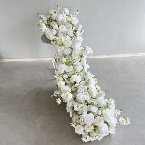 D-FR174 Wholesale artificial white <b>green</b> flower <b>runner</b> table handmade flower <b>runner</b> aisle rose flower <b>runner</b> silk wedding decor - Product Image 2